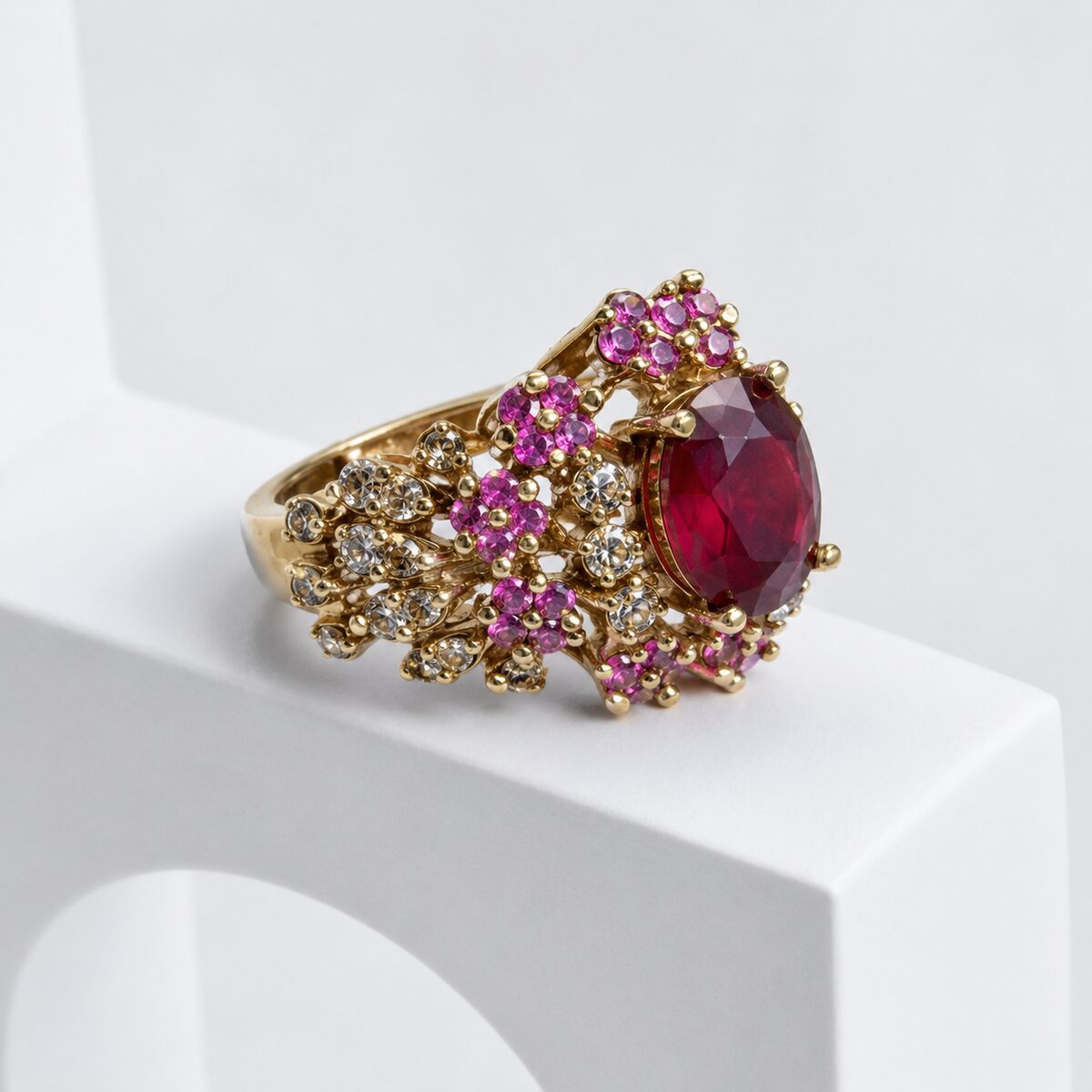 Mahnoor Ruby Floral Statement Ring white studio view