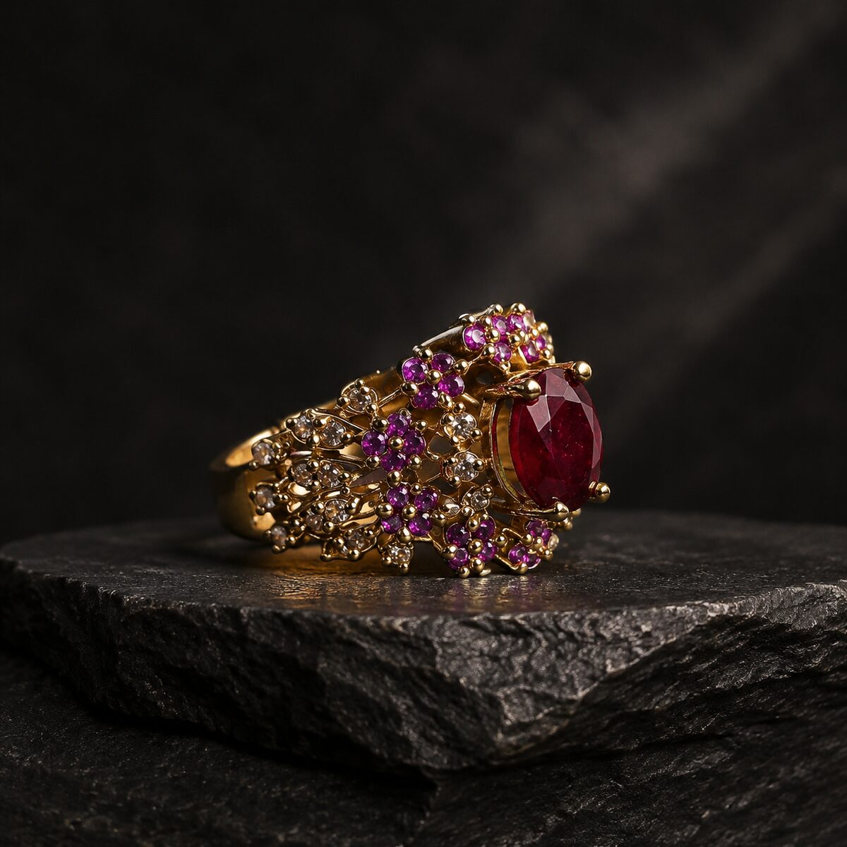 Mahnoor Ruby Floral Statement Ring dark studio view
