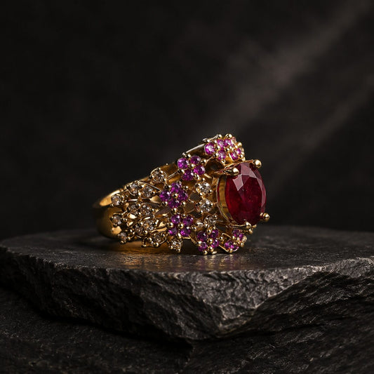 Mahnoor Ruby Floral Statement Ring dark studio view