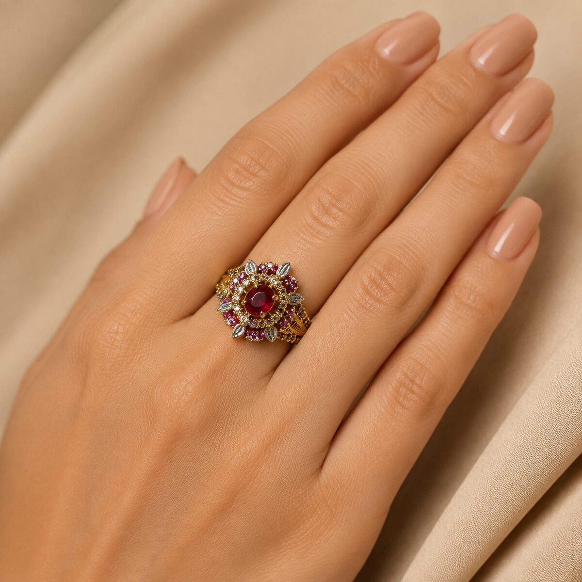 Gulnaar Ruby Crystal Statement Ring worn on hand