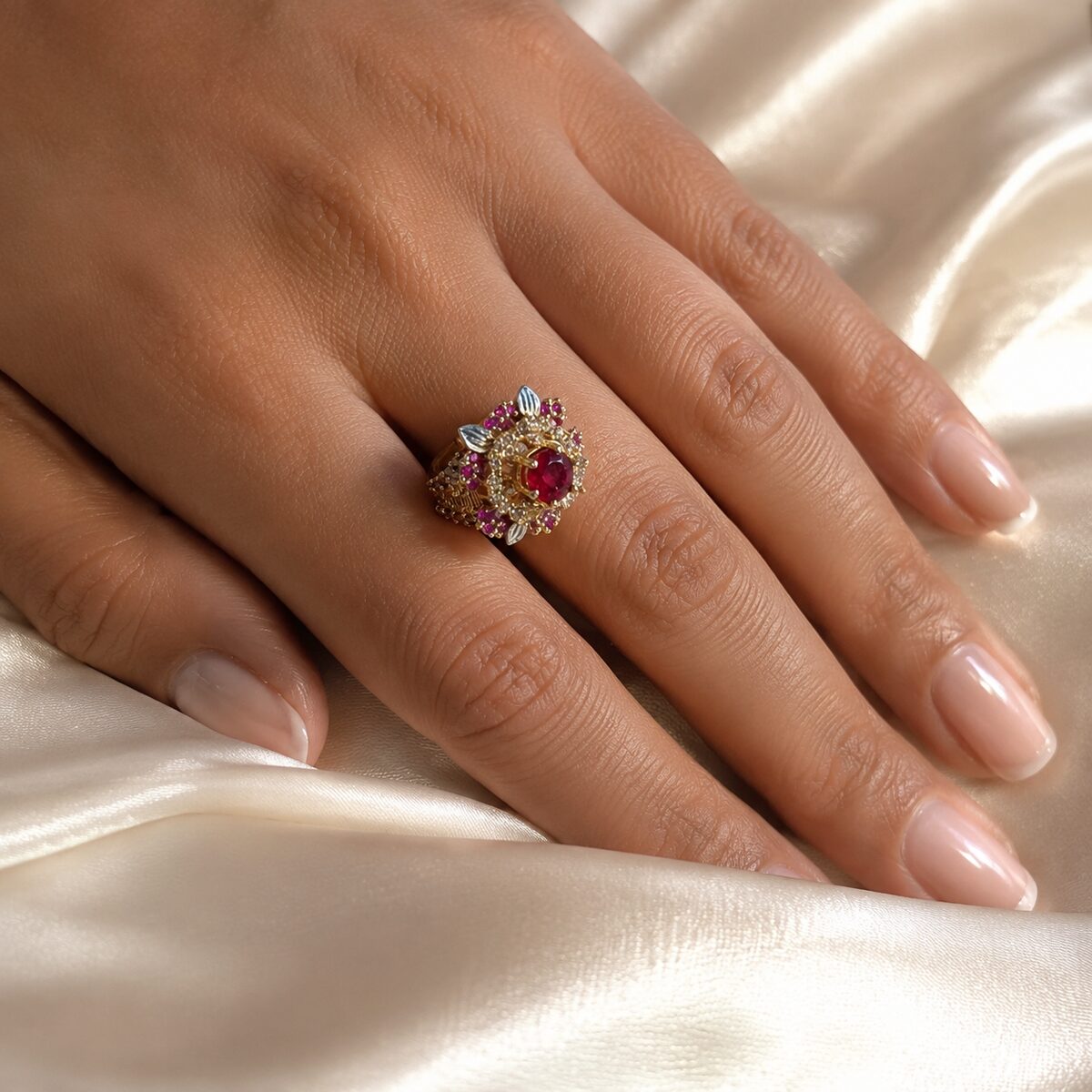 Gulnaar Ruby Crystal Statement Ring satin model view