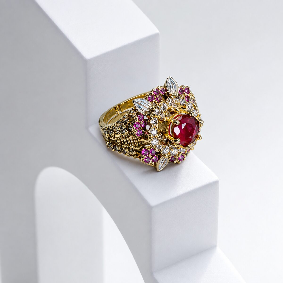 Gulnaar Ruby Crystal Statement Ring white studio view