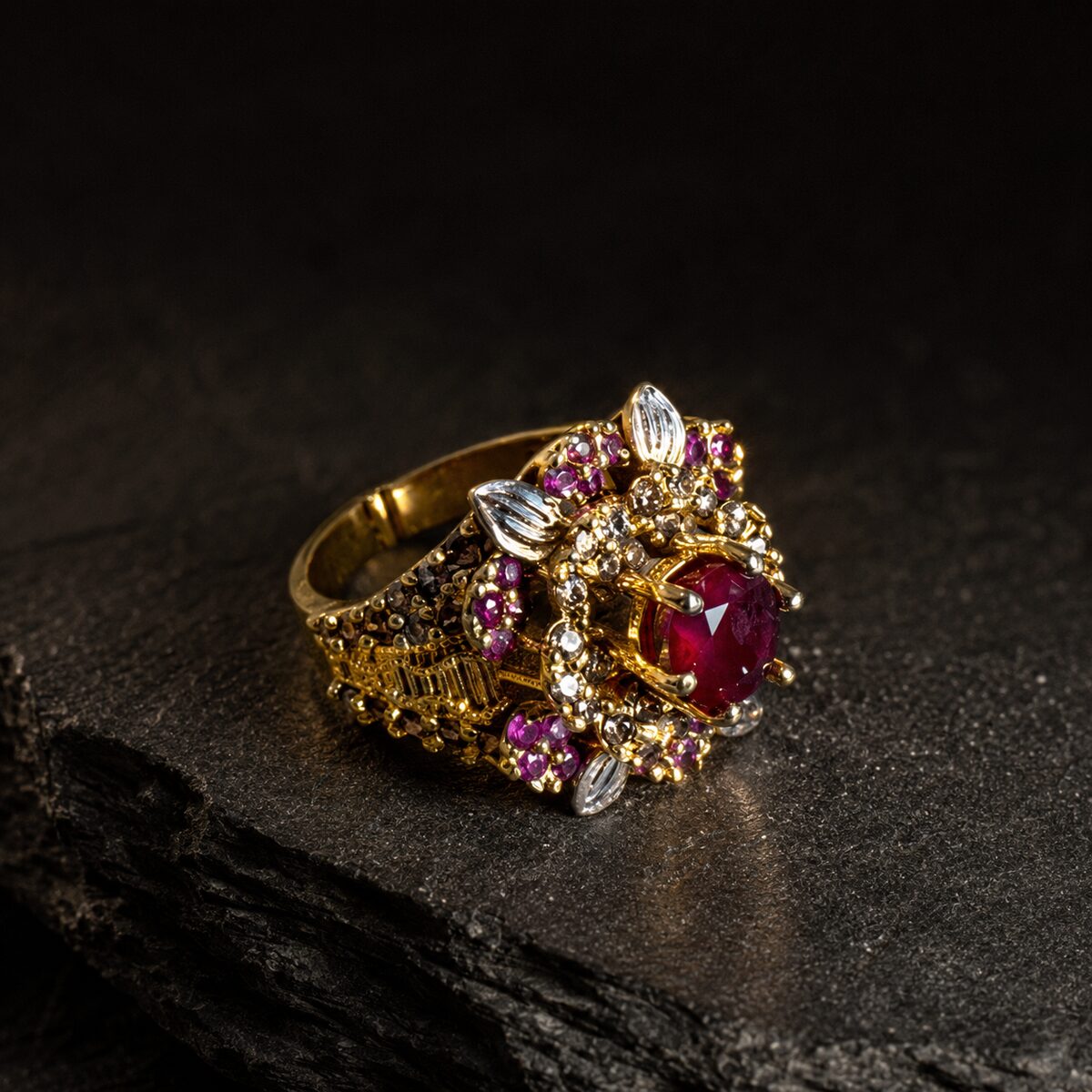 Gulnaar Ruby Crystal Statement Ring dark studio view