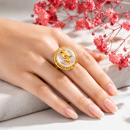 Baroque Pearl Rose Motif Adjustable Ring