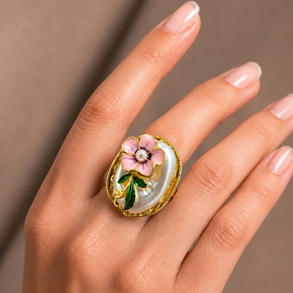 Baroque Pearl Pink Enamel Flower Adjustable Ring