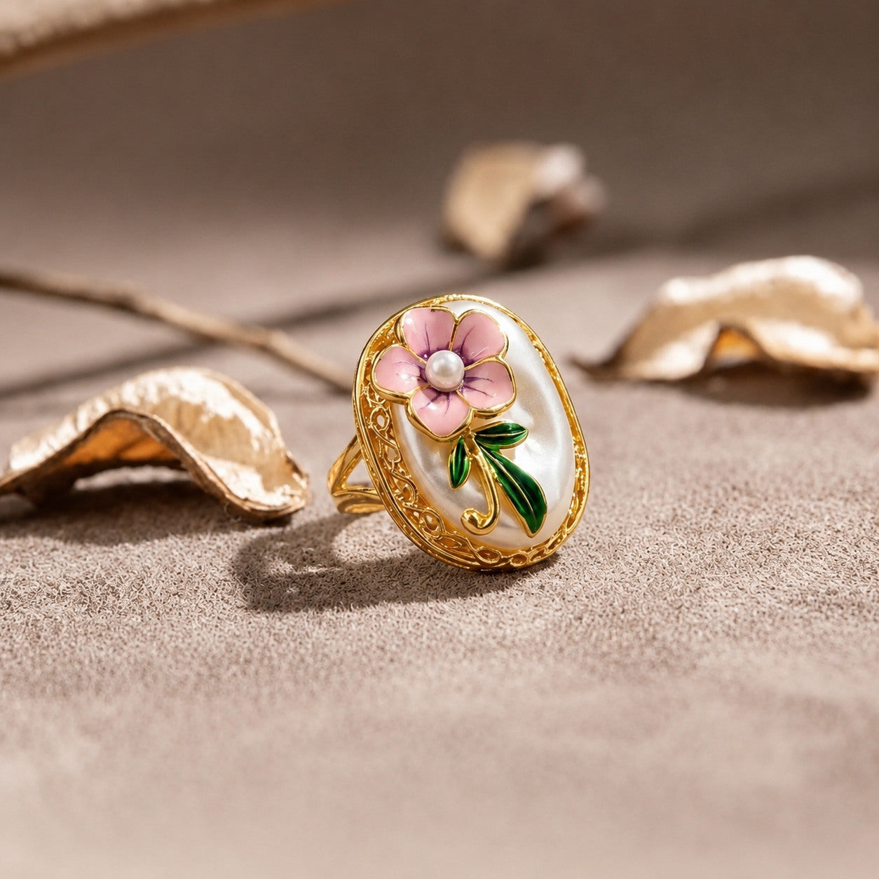 Baroque Pearl Pink Enamel Flower Adjustable Ring