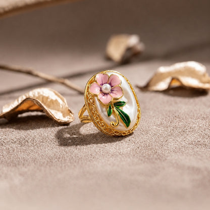 Baroque Pearl Pink Enamel Flower Adjustable Ring