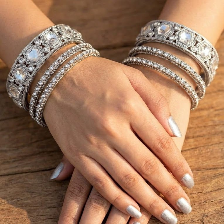 The Royal Hexa-Glow Gold Bangle Set Silver