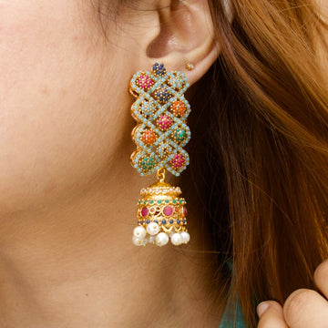 Naurattan Jhumka Pair with Pearls and Rubbies